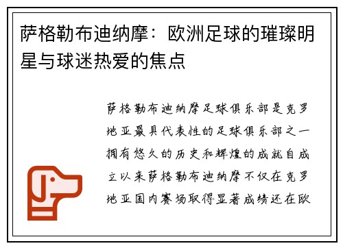 萨格勒布迪纳摩：欧洲足球的璀璨明星与球迷热爱的焦点